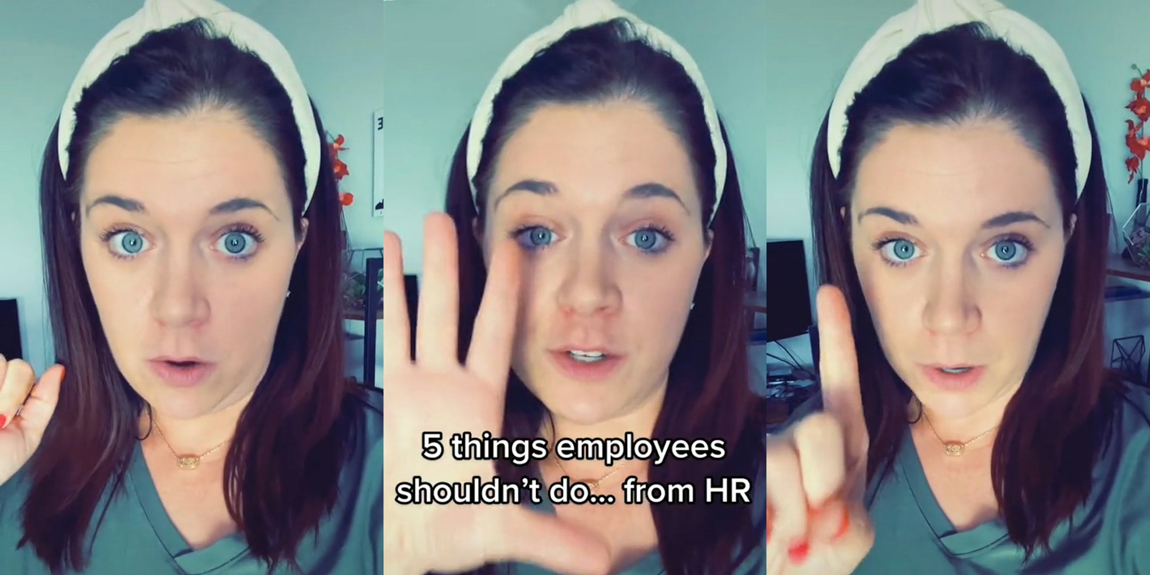 woman speaking hand up (l) woman speaking hand out caption '5 things employees shouldn't do... from HR' (c) woman speaking holding up finger (r)