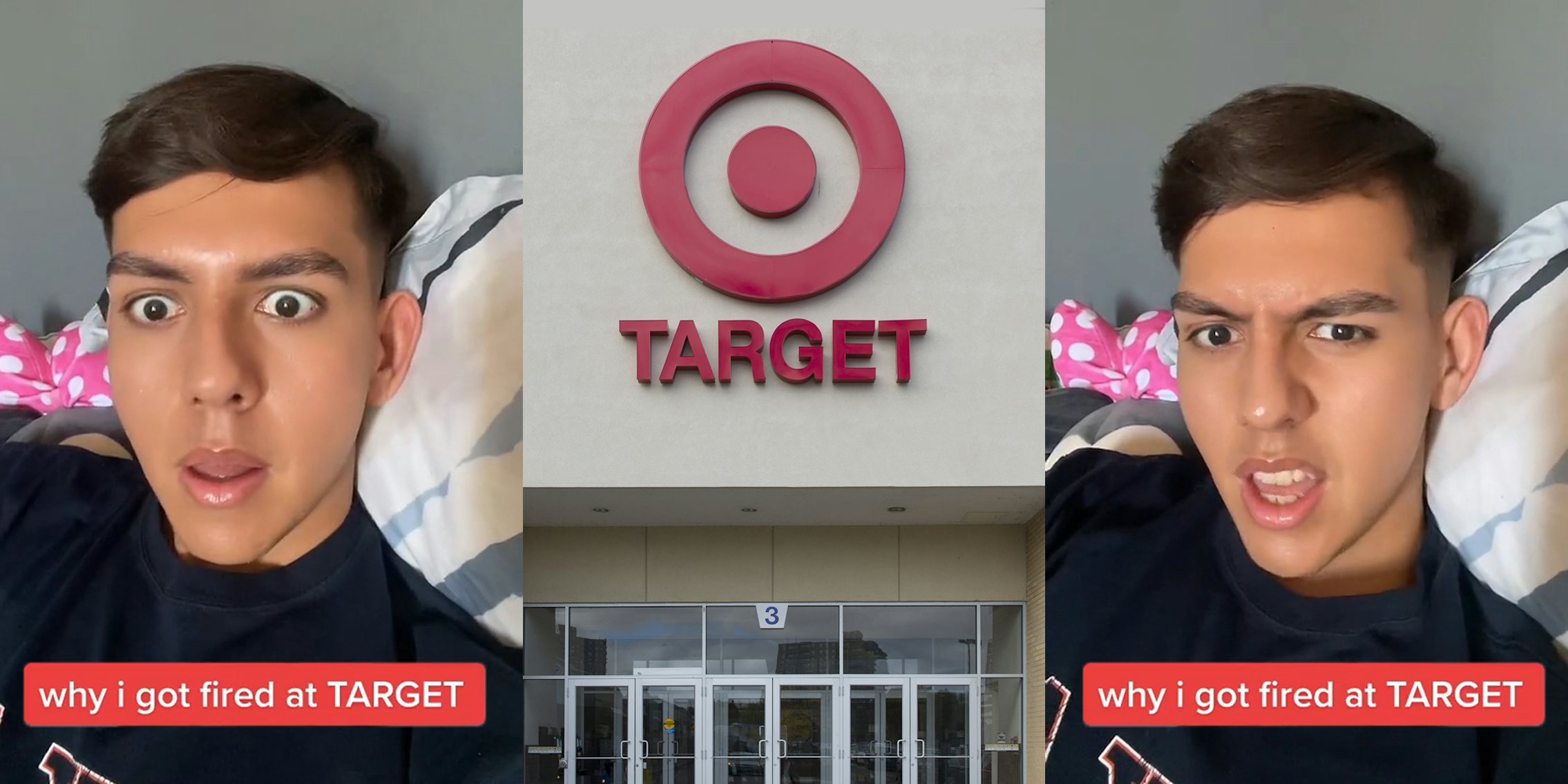 man speaking caption 'why i got fired at TARGET' (l) Target store with sign (c) man speaking caption 'why i got fired at TARGET' (r)