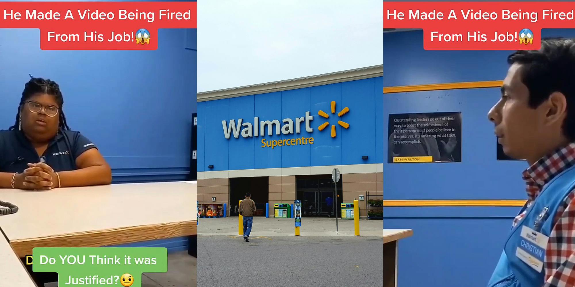 Walmart manager speaking sitting at desk caption "He Made A Video Being Fired From His Job!" "Do YOU Think it was Justified?" (l) Walmart store with sign (c) Walmart employee sitting down in front of desk caption "He Made A Video Being Fired From His Job!" (r)