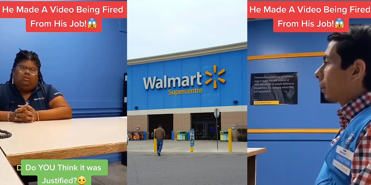 Walmart manager speaking sitting at desk caption 'He Made A Video Being Fired From His Job!' 'Do YOU Think it was Justified?' (l) Walmart store with sign (c) Walmart employee sitting down in front of desk caption 'He Made A Video Being Fired From His Job!' (r)