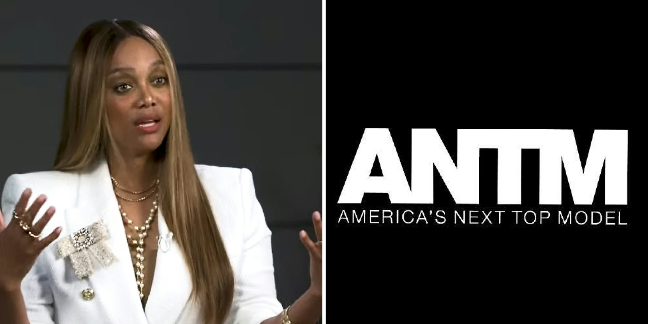 Trya Banks speaking hands out (l) America's Next Top Model logo white over black background (r)