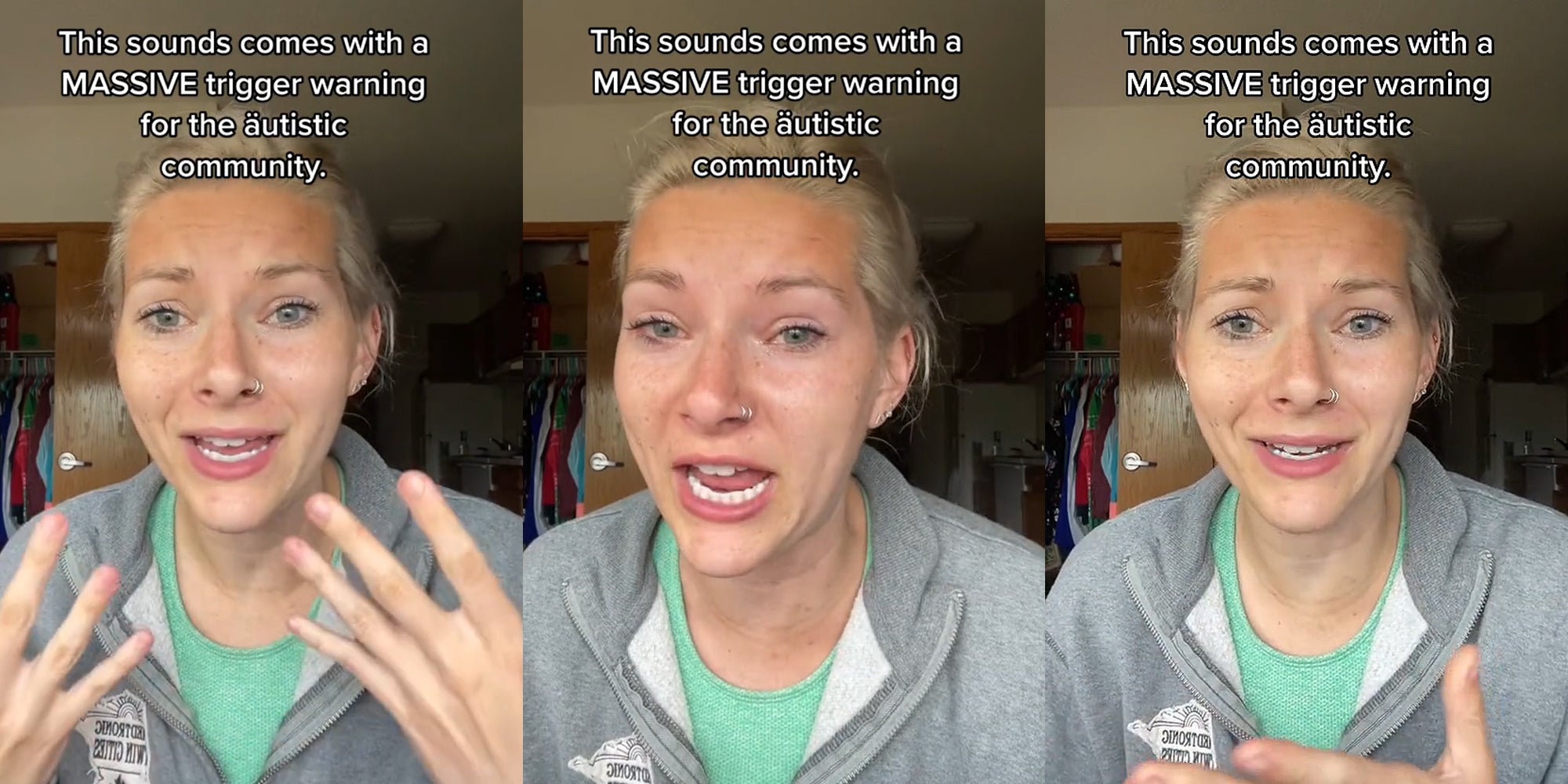 woman speaking hands up caption 'This sounds comes with a MASSIVE trigger warning for the autistic community' (l) woman speaking caption 'This sounds comes with a MASSIVE trigger warning for the autistic community' (c) woman speaking hand up caption 'This sounds comes with a MASSIVE trigger warning for the autistic community' (r)