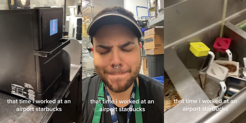 Starbucks machine with steam coming out of it caption 'that time i worked at an airport starbucks' (l) Starbucks barista eyes closed sucking in mouth caption 'that time i worked at an airport starbucks' (c) Starbucks sink full of dirty dishes caption 'that time i worked at an airport starbucks' (r)