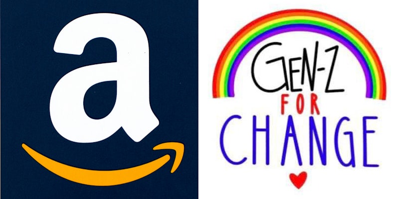 Amazon logo on blue background (l) Gen Z for Change logo on white background (r)