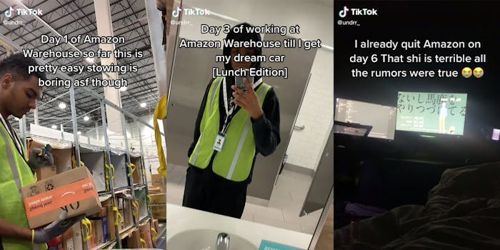 Man in Amazon warehouse with caption "Day 1 of Amazon Warehouse so far this is pretty easy stowing is boring asf though" (l) Amazon employee in bathroom with caption "Day 3 of working at Amazon Warehouse till I get my dream car [Lunch Edition]" (c) monitor in dark bedroom with caption "I already quit Amazon on day 6 That shi is terrible all the rumors were true" (r)