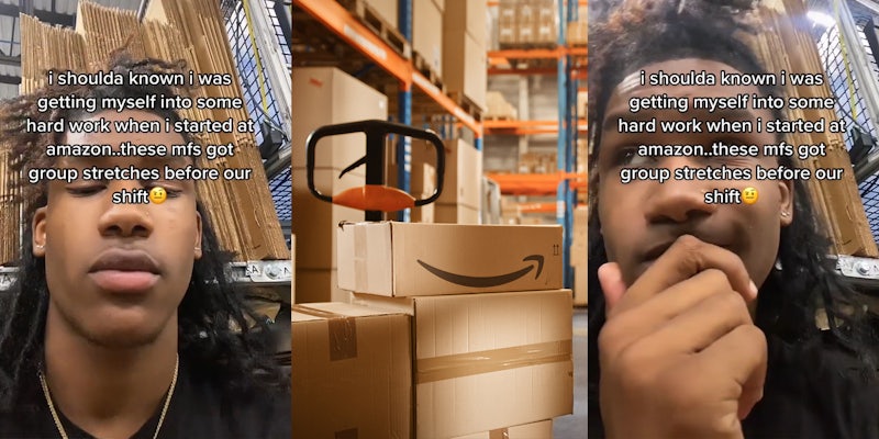 young man in Amazon warehouse with caption 'i shoulda known i was getting myself into some hard work when i started at amazon..these mfs got group stretches before our shift' (l&r) amazon warehouse (c)