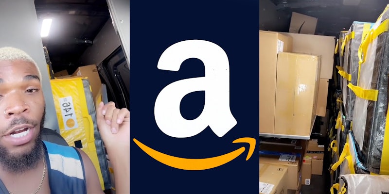 Amazon delivery driver pointing to back of truck full of boxes (l) Amazon logo on blue background (c) Amazon truck full of boxes (r)