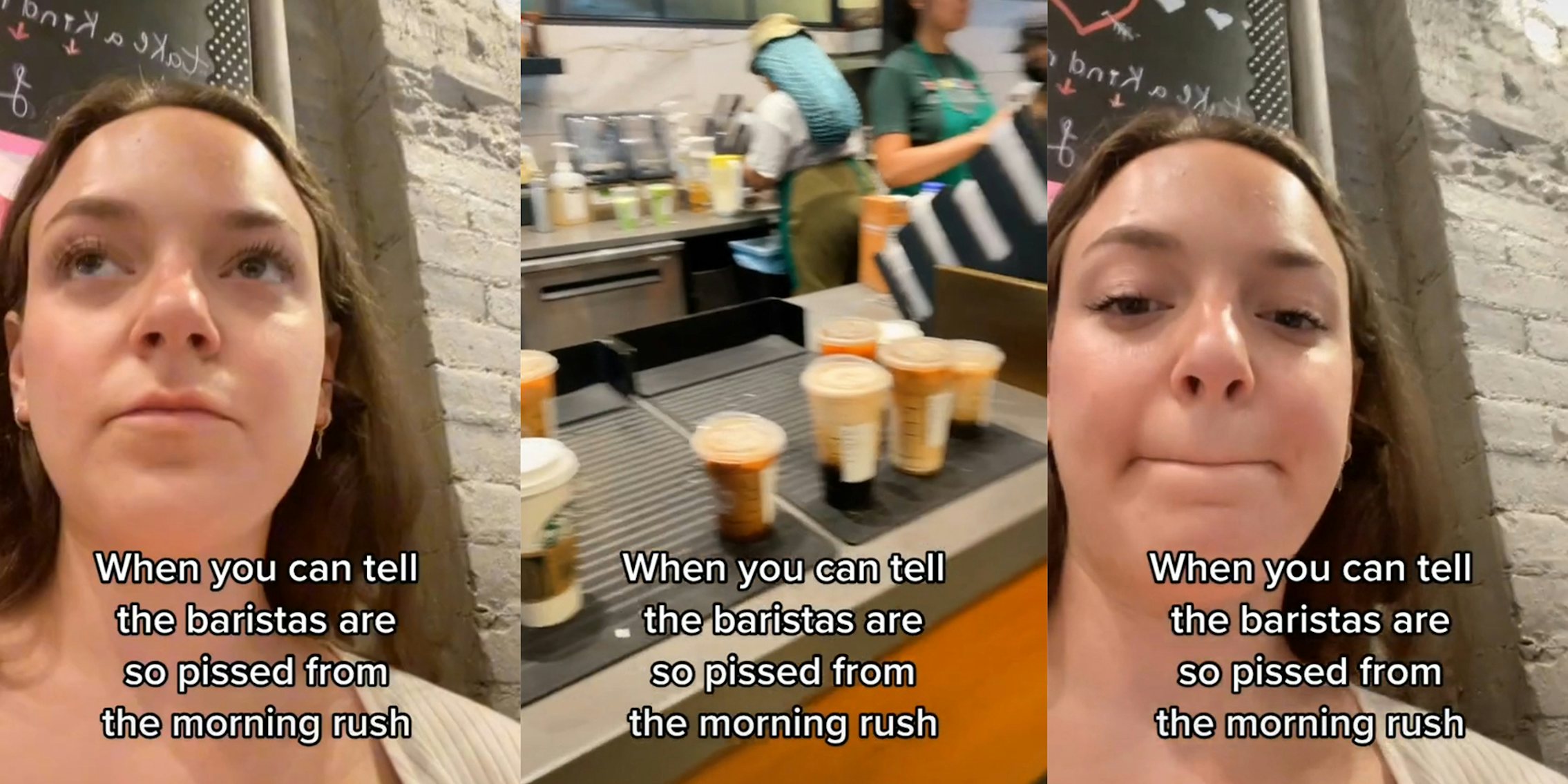 young woman in starbucks (l&r) drinks on counter (c) all with caption 'When you can tell the baristas are so pissed from the morning rush'