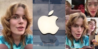 woman speaking on tan background (l) Apple logo on glass (c) woman greenscreen TikTok pointing to TikTok on her account (r)