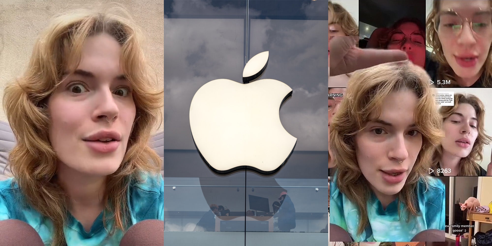 woman speaking on tan background (l) Apple logo on glass (c) woman greenscreen TikTok pointing to TikTok on her account (r)