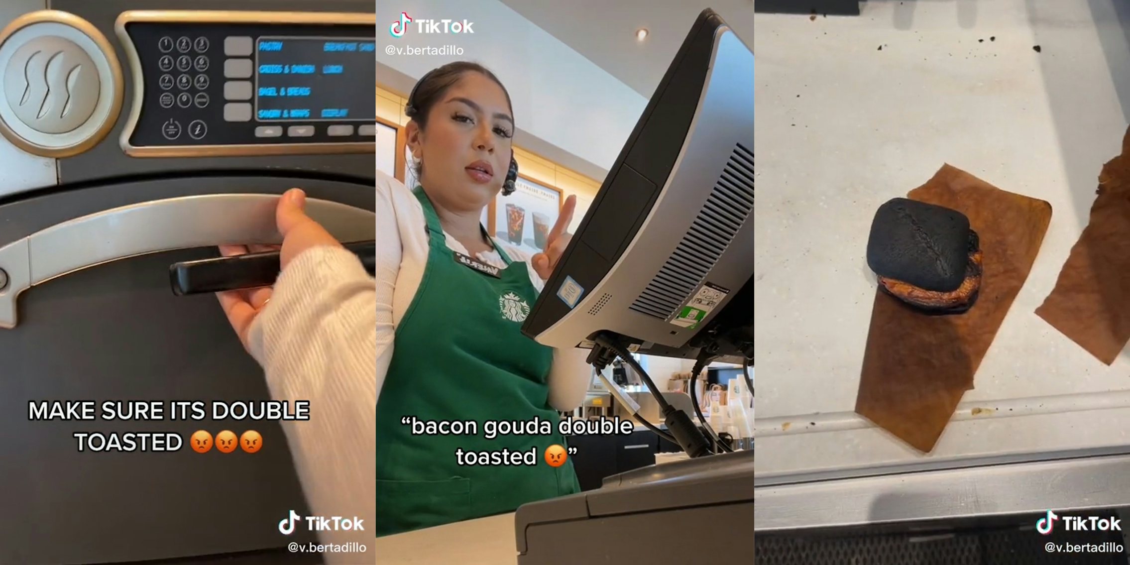 hand operating oven with caption 'make sure its double toasted' (l) young woman in starbuck uniform with caption 'bacon gouda double toasted' (c) burnt sandwich on counter (r)
