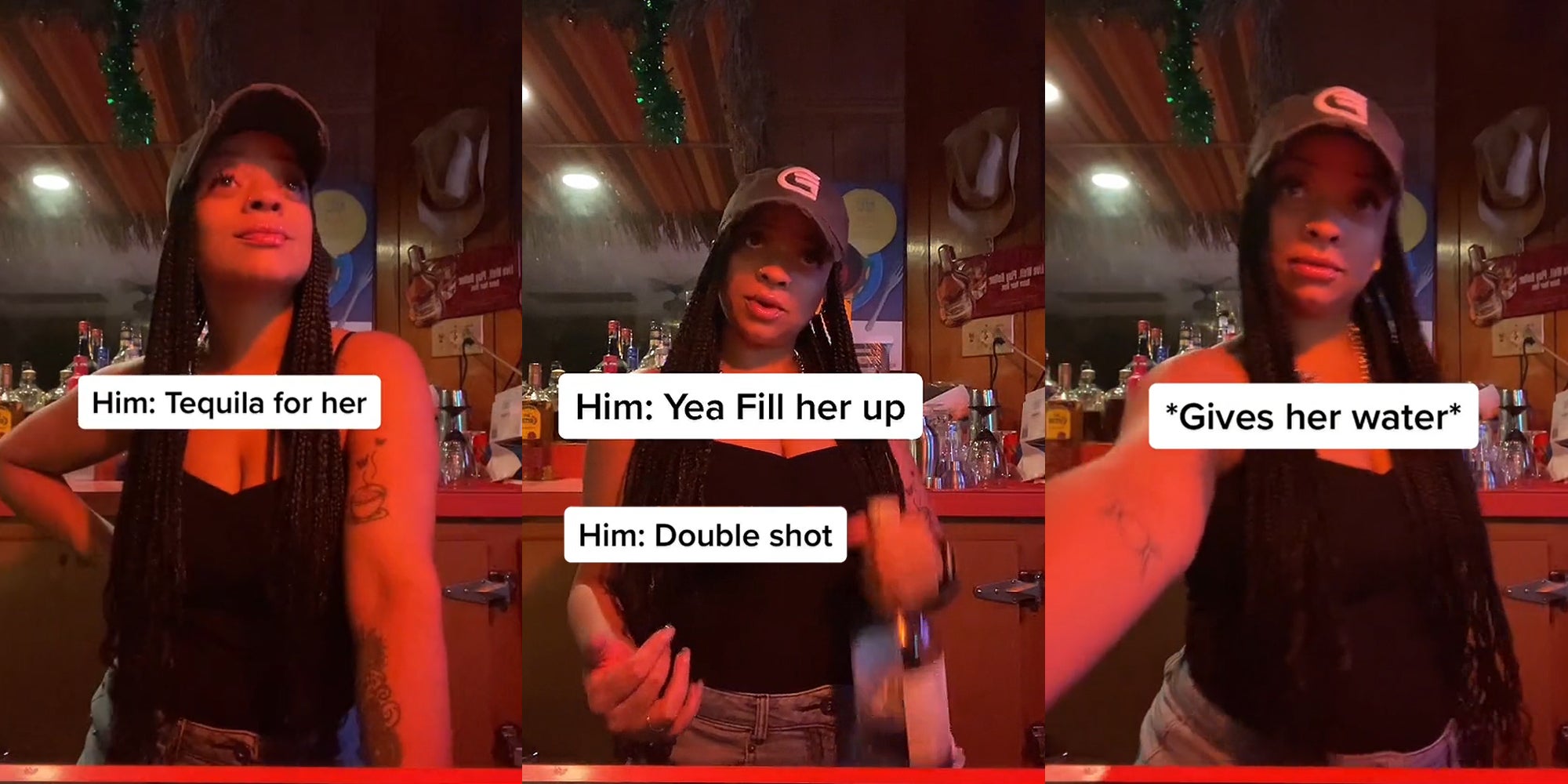Bartender hand on hip behind bar caption 'Him: Tequila for her' (l) Bartender standing behind bar hand out speaking caption 'Him: Yea fill her up' 'Him: Double shot' (c) Bartender standing behind bar handing customer drink caption '*Gives her water*' (r)
