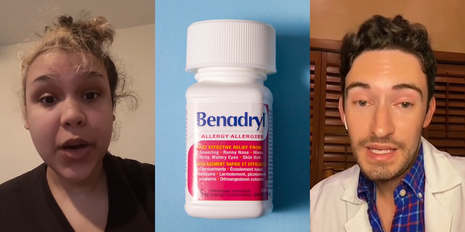 woman speaking (l) Benadryl allergy relief in bottle on blue background (c) Dr. Ethan Melillo speaking (r)