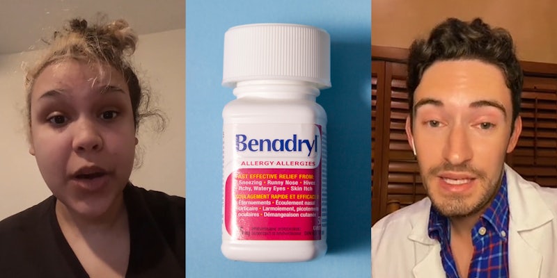 woman speaking (l) Benadryl allergy relief in bottle on blue background (c) Dr. Ethan Melillo speaking (r)