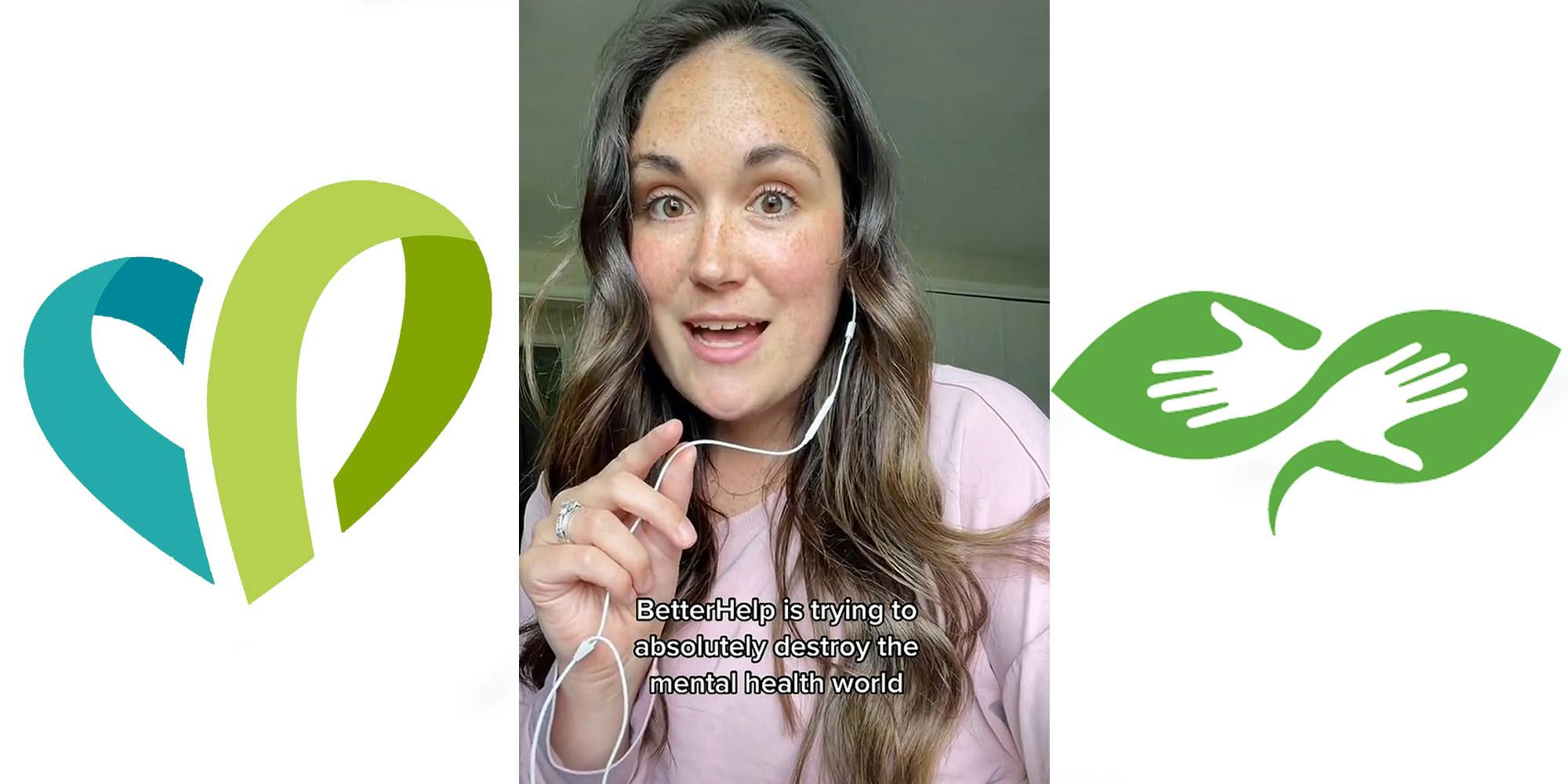 CareDash logo on white background (c) woman speaking into earbud microphone caption "BetterHelp is trying to absolutely destroy the mental health world" (c) BetterHelp logo on white background (r)