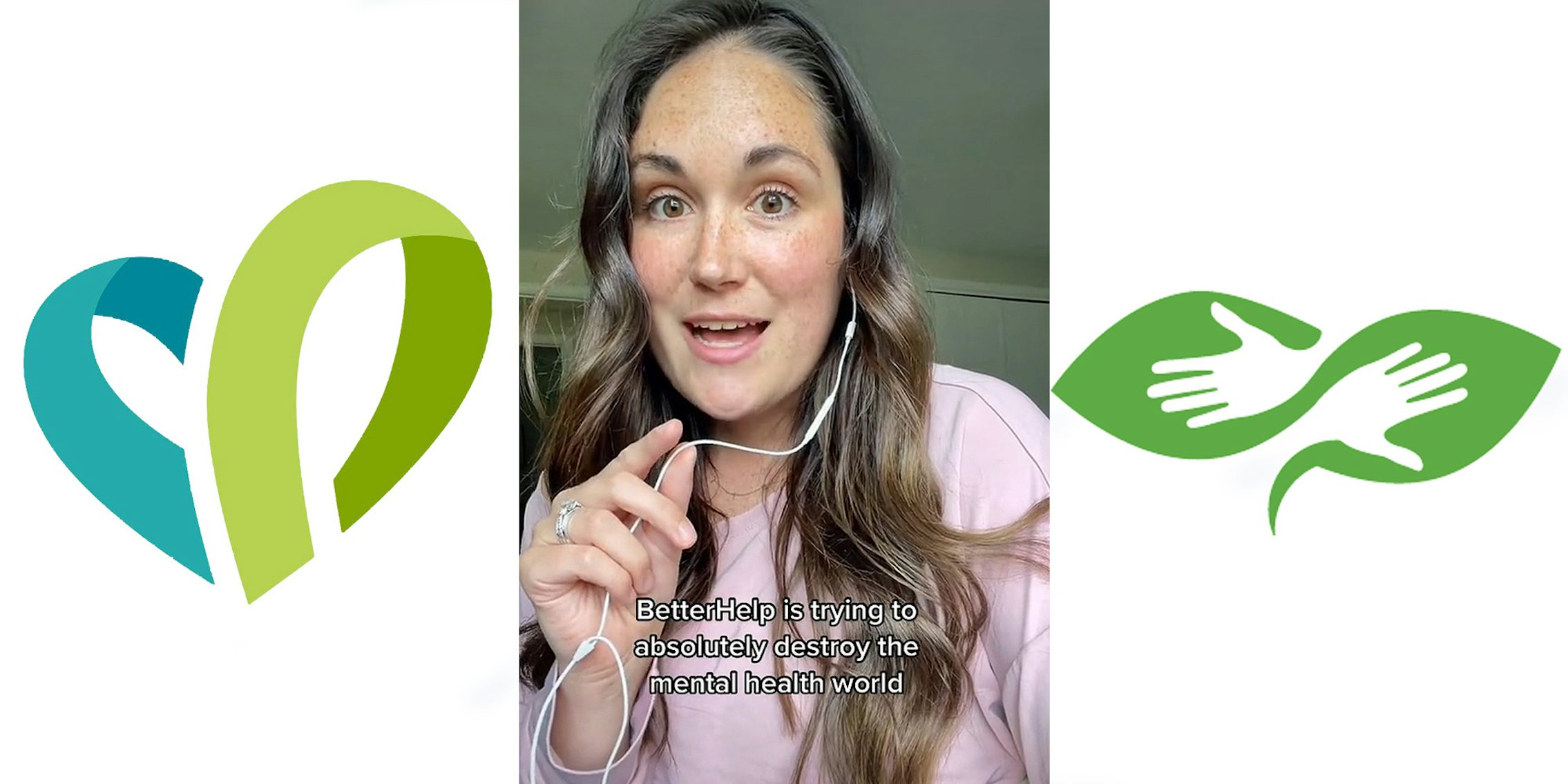 CareDash logo on white background (c) woman speaking into earbud microphone caption 'BetterHelp is trying to absolutely destroy the mental health world' (c) BetterHelp logo on white background (r)