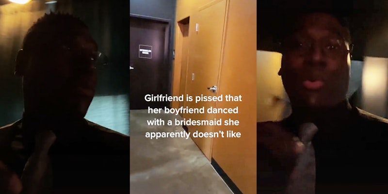man in suit turned to right (l) door closed caption 'Girlfriend is pissed that her boyfriend danced with a bridesmaid she apparently doesn't like' (c) man in suit looking at camera (r)
