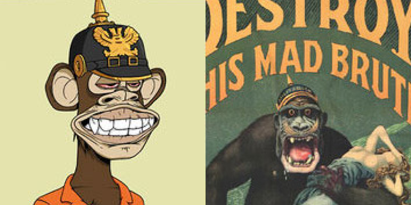 Bored Ape Yacht Club NFT on light yellow background (l) Destroy This Mad Brute propaganda poster (r)