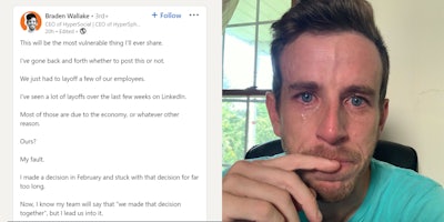 Braden Wallake social media post about layoffs (l) Braden Wallake crying (r)