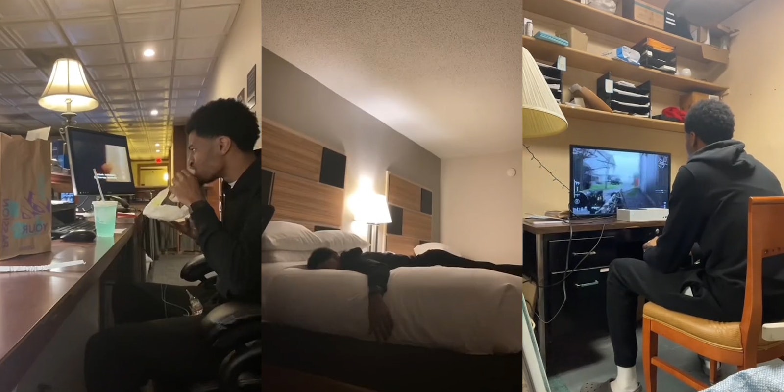 man eating Taco Bell at receptionist desk while watching a movie while working at hotel night shift (l) man sleeping in hotel bed while working during night shift (c) man playing Call of Duty Vanguard while working night shift at hotel (r)
