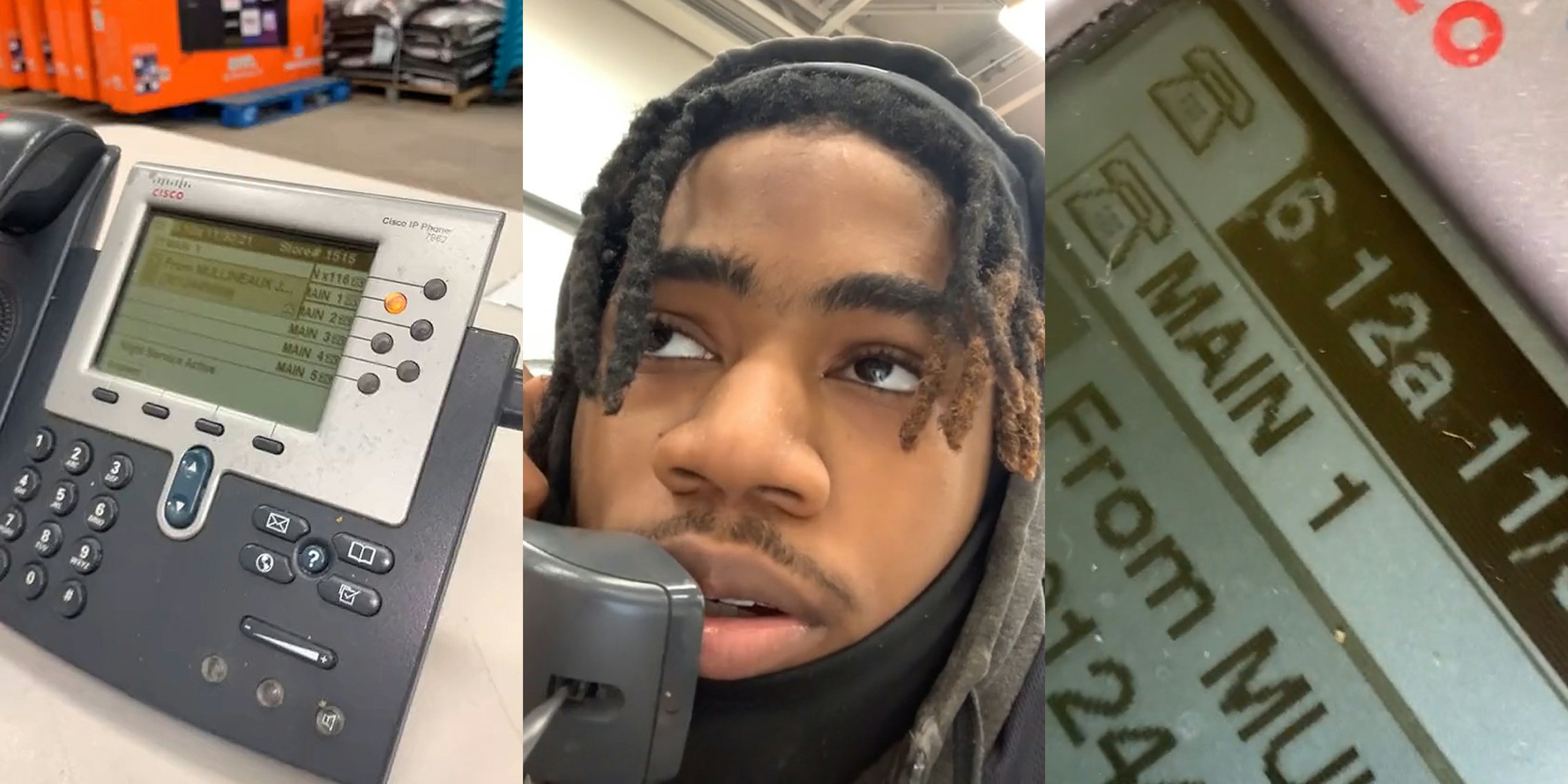 Walmart phone on table (l) Walmart employee speaking into phone (c) Walmart phone with screen text '6:12a' (r)