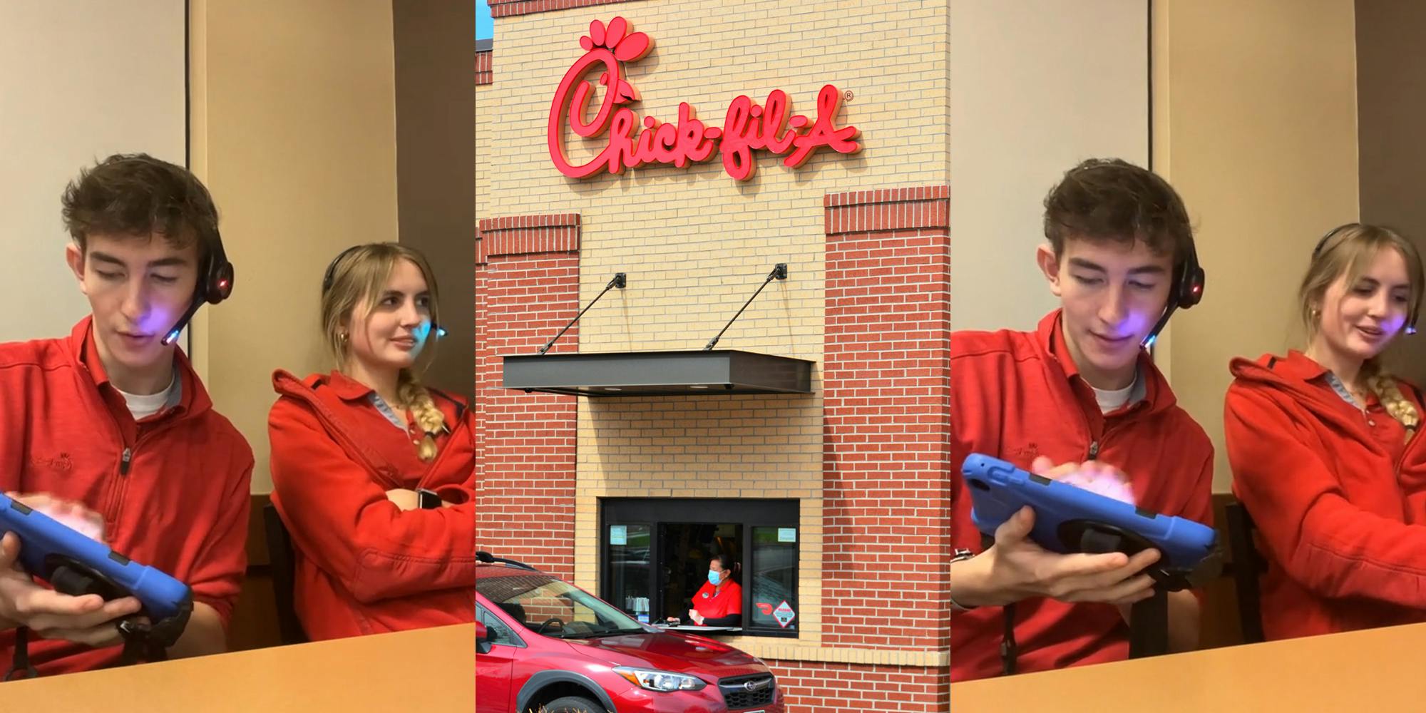 Chick-Fil-A workers speaking to customers taking orders on tablet (l) Chick-Fil-A drive thru with worker speaking to customer in car (c) Chick-Fil-A workers speaking to customers taking orders on tablet (r)