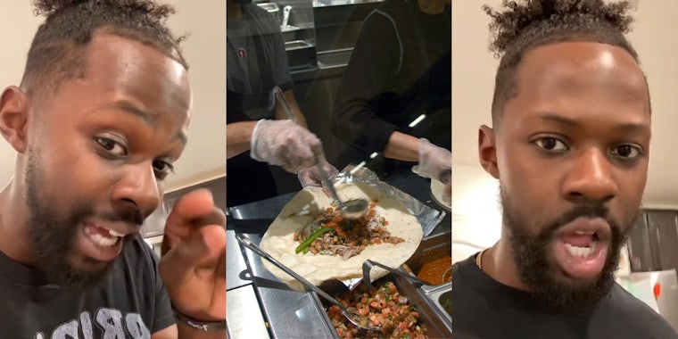 man speaking hand with fingers pinching together (l) Chipotle workers creating burritos ladling food onto tortilla shell (c) man speaking in kitchen (r)