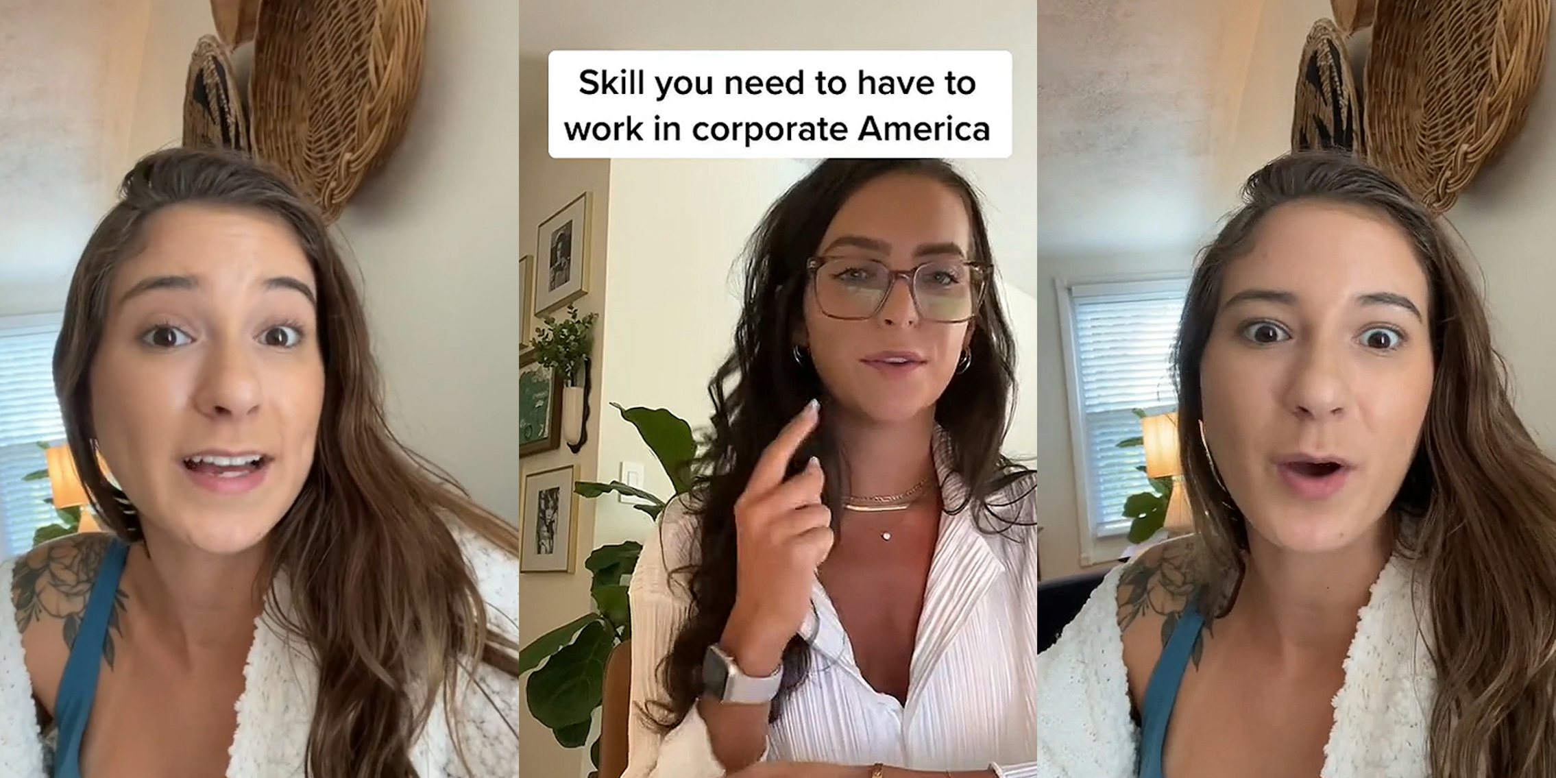 woman speaking (l) woman speaking pointing finger to caption 'Skill you need to have to work in corporate America' (c) woman speaking (r)