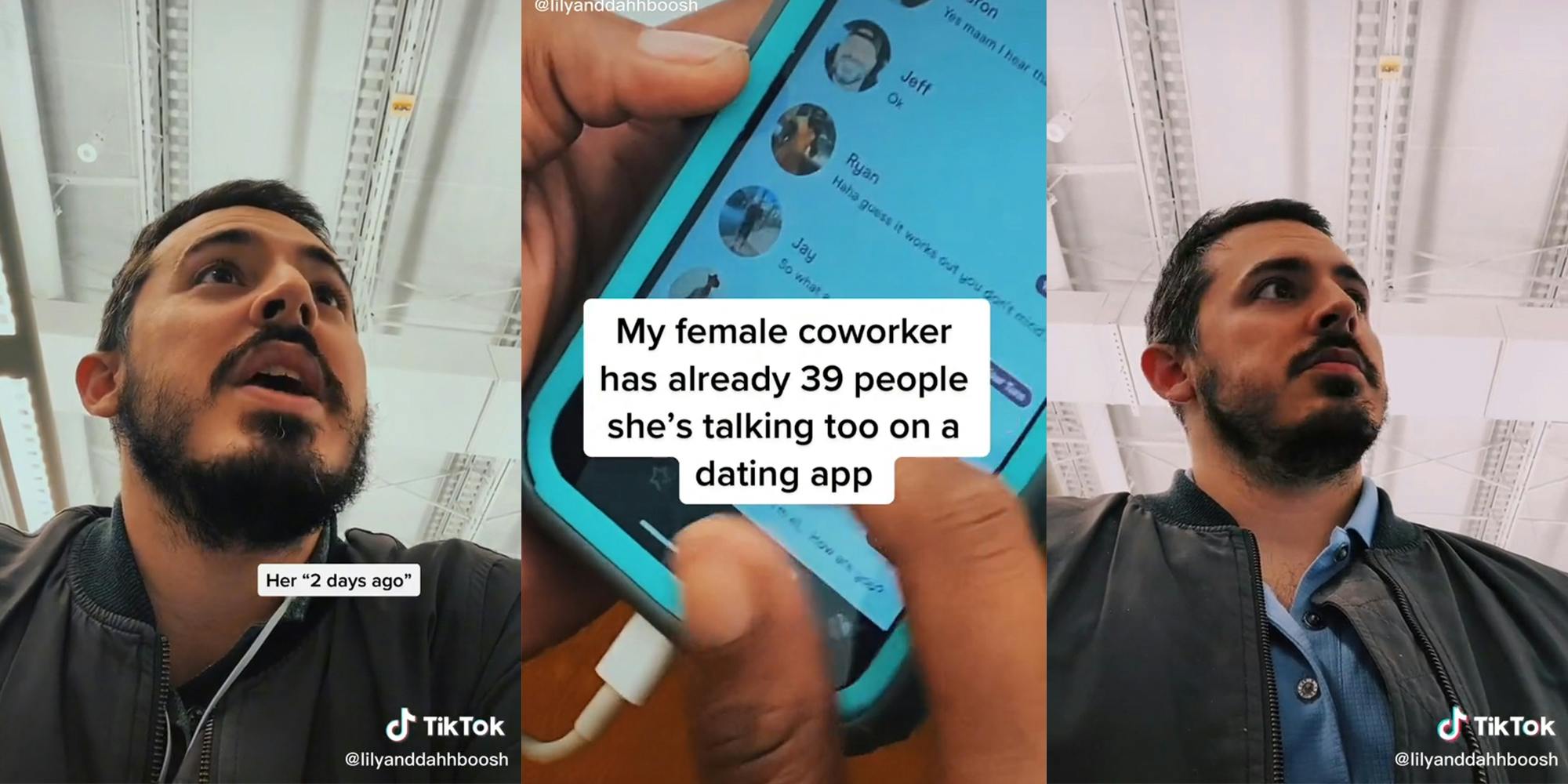 man in office with caption "Her *2 days ago" (l) woman holding phone with dating app and caption "My female coworker has already 39 people she's talking too on a dating app" (c) man in office with look of disbelief(r)