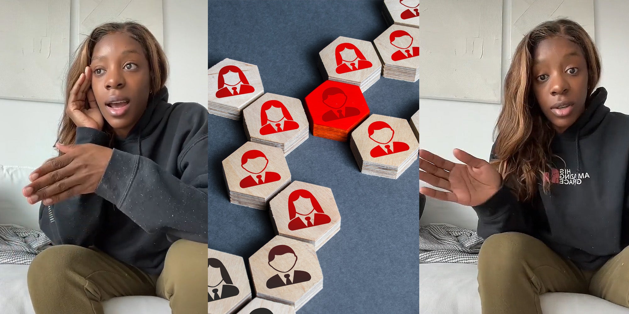 woman speaking hand out (l) wooden pieces coworker concept on jean blue background (c) woman speaking hand out (r)