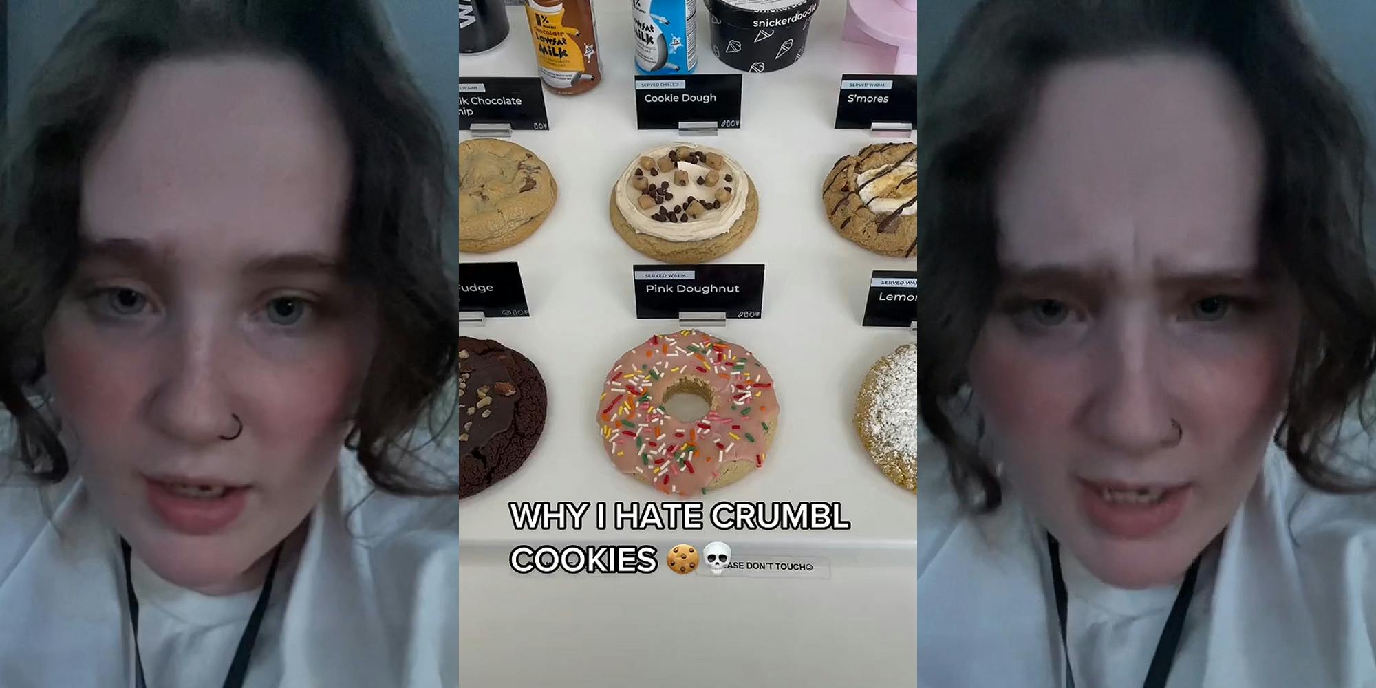woman speaking (l) Crumbl Cookies cookies on display caption "WHY I HATE CRUMBL COOKIES" (c) woman speaking (r)