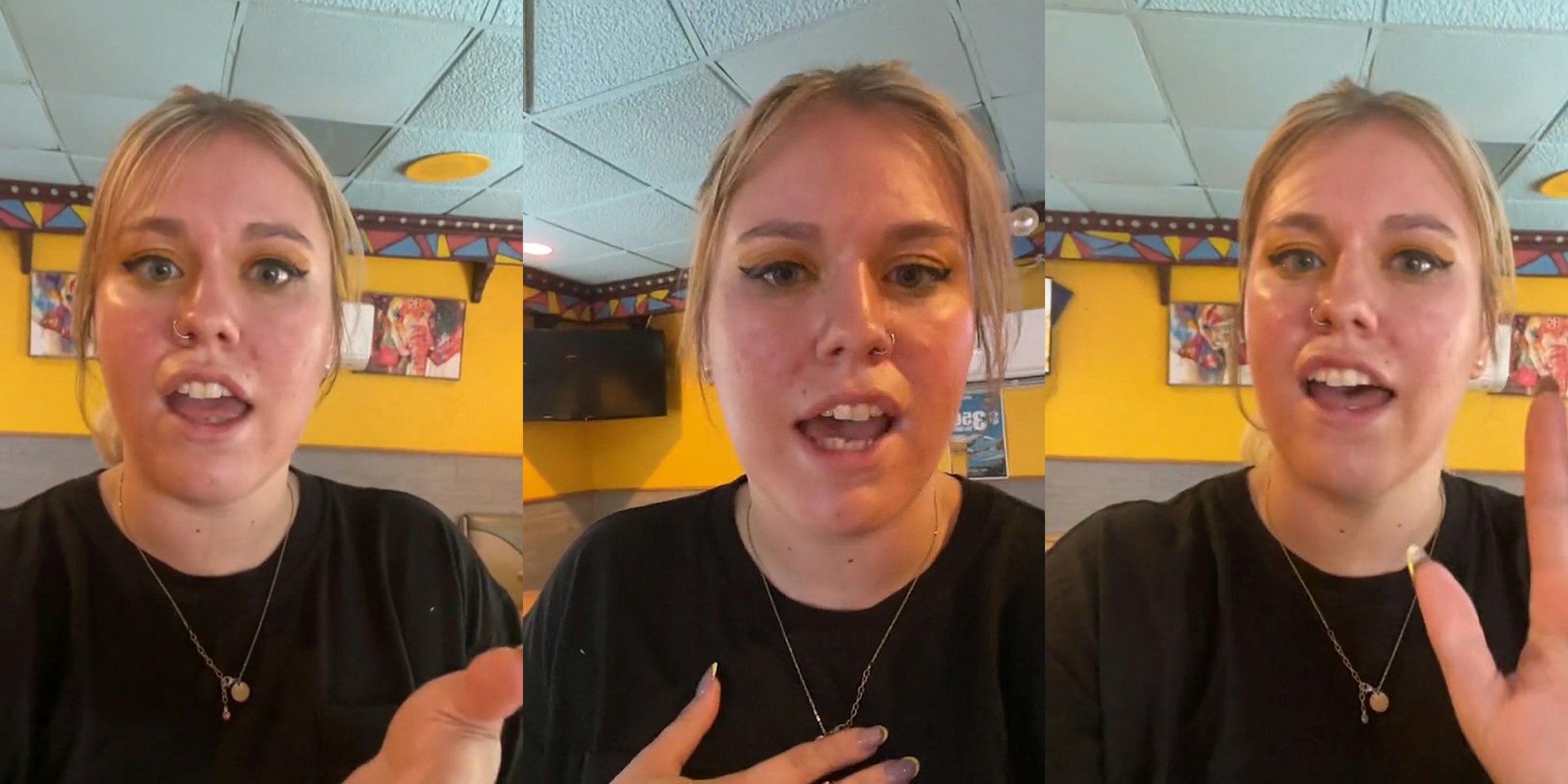 Woman speaking in restaurant with yellow walls with hand out (l) woman speaking in restaurant with yellow walls with hand on chest (c) woman speaking in restaurant with yellow walls with hand up in (r)
