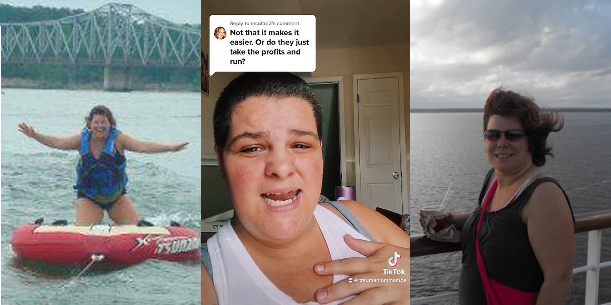 woman on tube on water arms out (l) woman speaking hand on chest caption 'Not that it makes it easier. Or do they just take profits and run?' (c) woman on boat smiling holding cup (r)