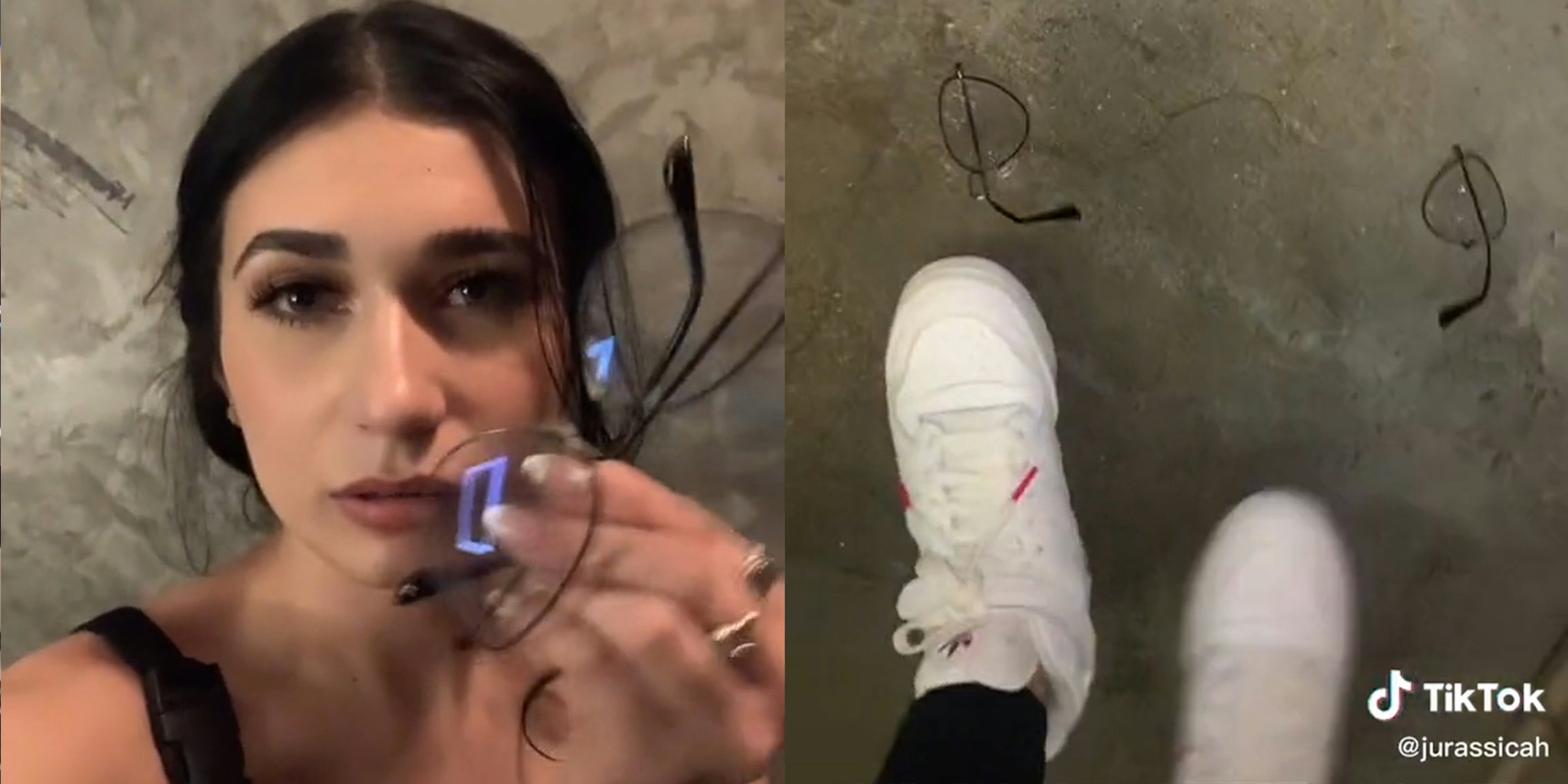young woman holding glasses (l) glasses broken after being stepped on (r)