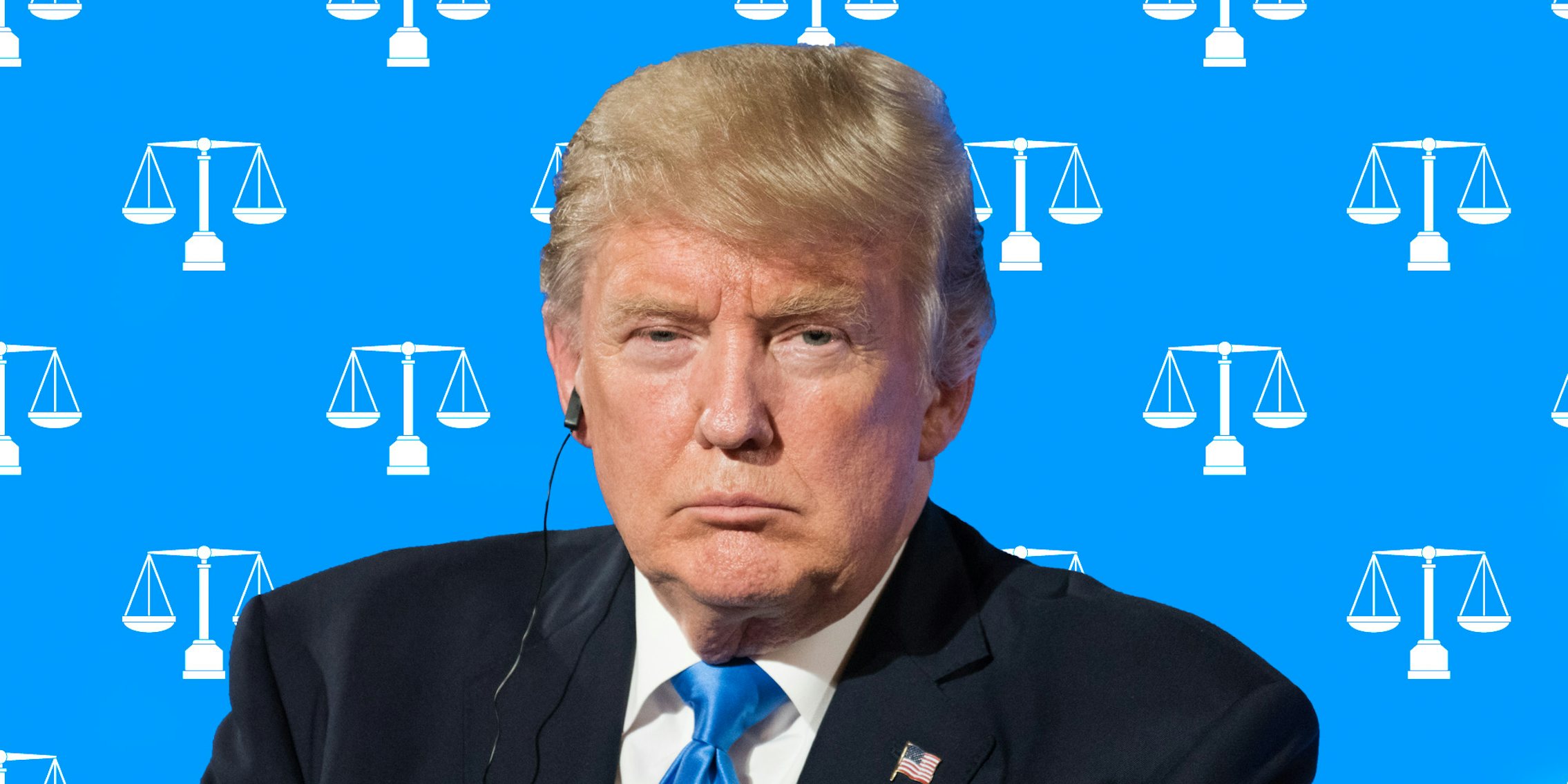 Donald Trump on blue law scale pattern background