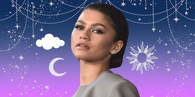 Zendaya in front of astrological background