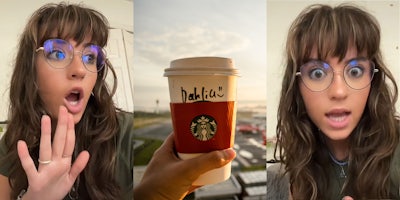 woman speaking hand up (l) Starbucks cup in hand with name written on cup (c) woman speaking (r)
