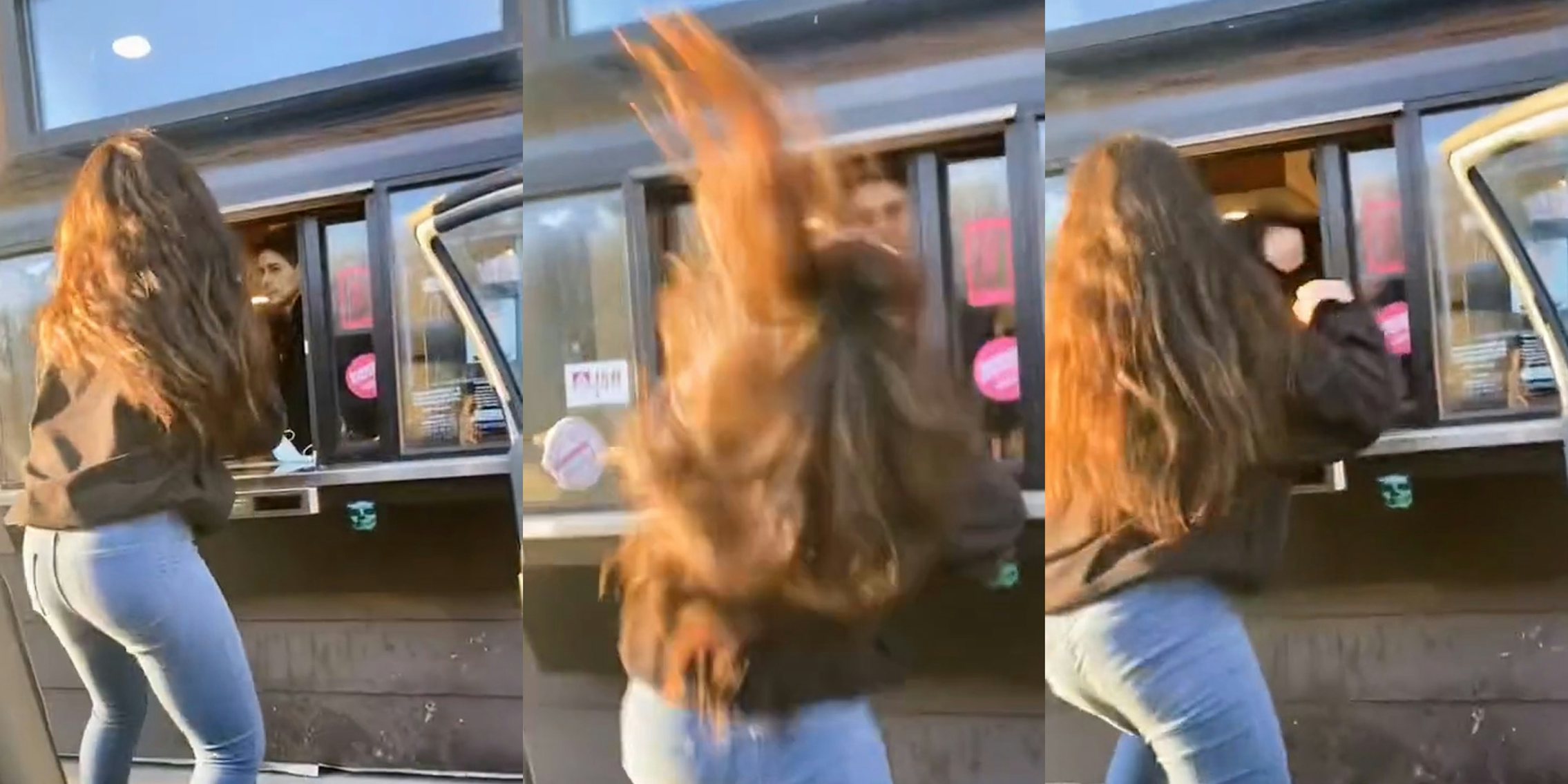 woman standing outside of Dunkin' drive thru window (l) woman going backwards after being hit by Dunkin' worker at drive thru (c) woman raising fist at Dunkin' worker drive thru (r)