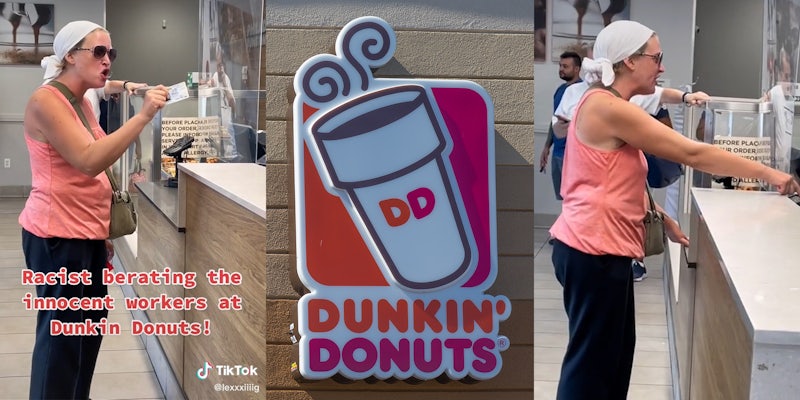 Woman in sunglasses and handkerchief yelling at employees (l&r) dunkin donuts sign (c) caption 'Racist berating the innocent workers at Dunkin Donuts!'