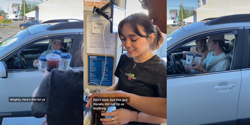 employee handing drinks to customer through window with caption 'alrighty, here's this for ya' (l) Dutch Bros employees with drinks and caption 'Don't look, but this guy literally did not tip us anything' (c) employee in passenger seat staring closely at driver (r)