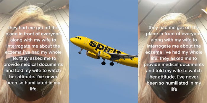 person crying caption "they had me get off the plane in front of everyone along with my wife to interrogate me about the eczema i've had my whole life. they asked me to provide medical documents and told my wife to watch her attitude. i've never been so humiliated in my life" (l) Spirit Airlines plane flying in blue sky (c) person crying caption "they had me get off the plane in front of everyone along with my wife to interrogate me about the eczema i've had my whole life. they asked me to provide medical documents and told my wife to watch her attitude. i've never been so humiliated in my life" (r)