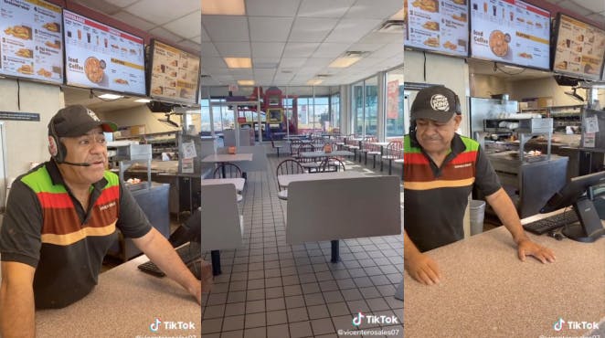 Burger King employee at counter (l) Burger King interior (c) Burger King employee at counter (r)