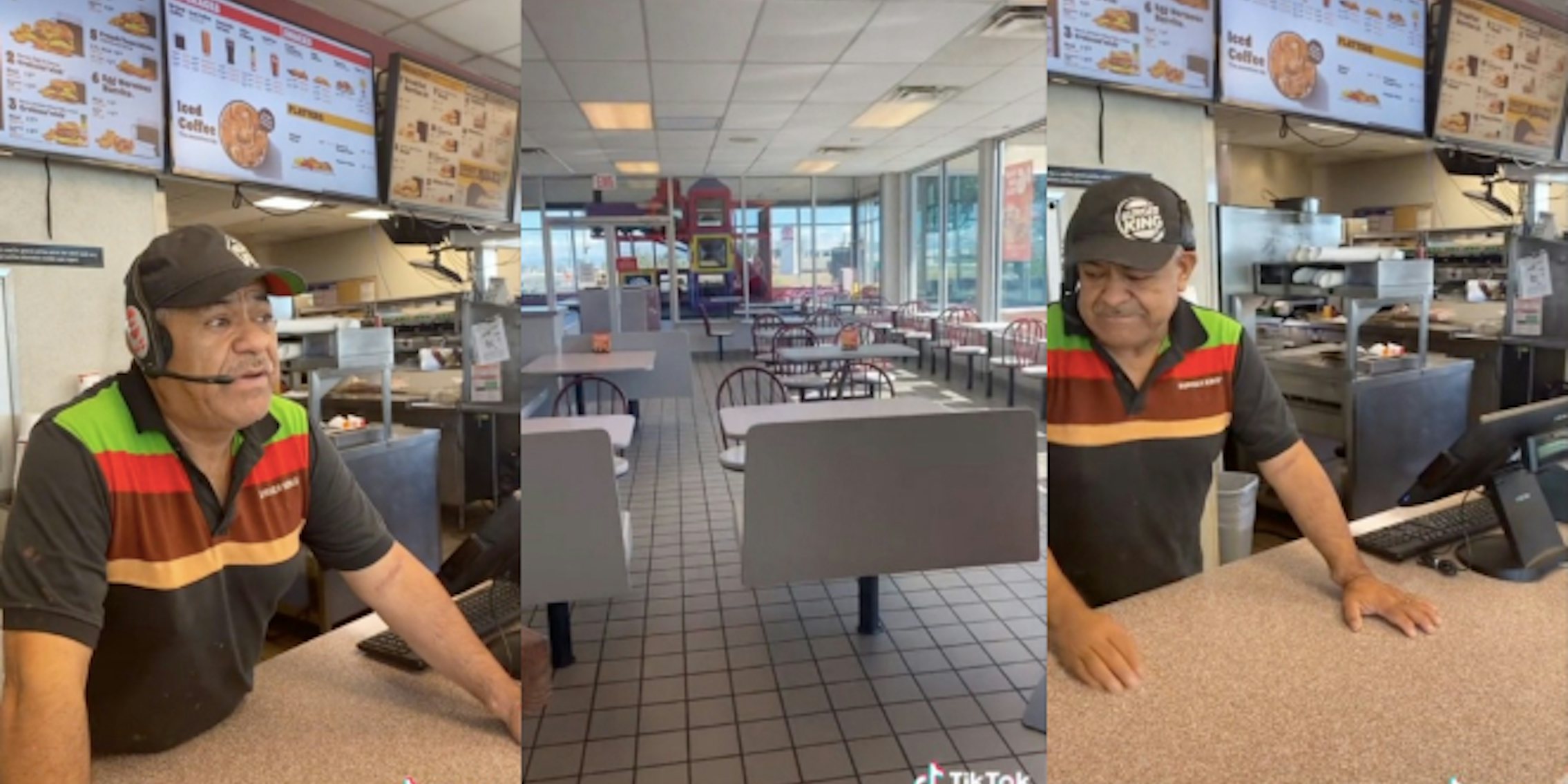 Burger King employee at counter (l) Burger King interior (c) Burger King employee at counter (r)