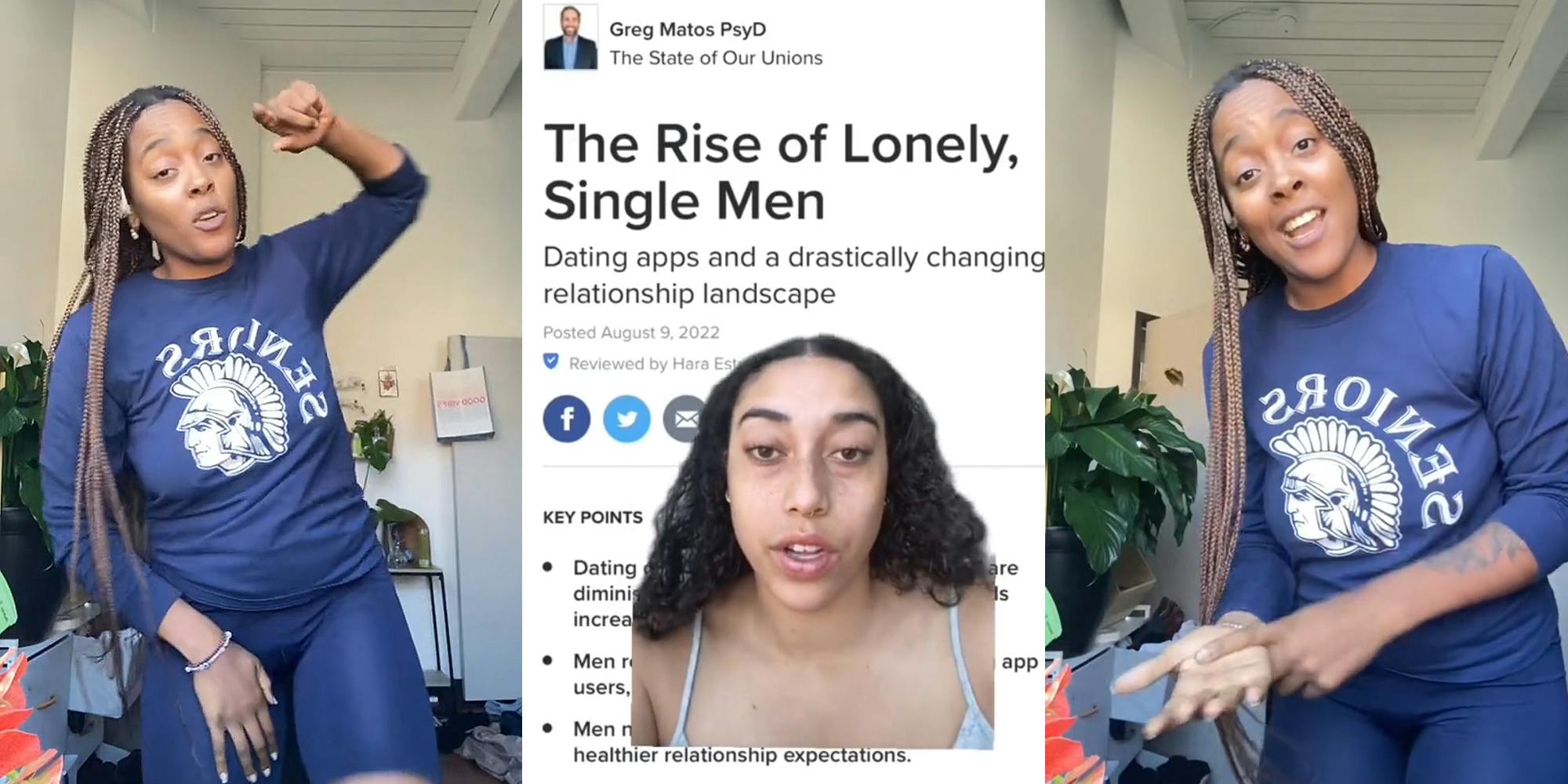 woman speaking hand up (l) woman greenscreen TikTok over article "The Rise of Lonley, Single Men" caption "Dating apps and a drastically changing relationship landscape" (c) woman speaking hand pointing on other hand (r)