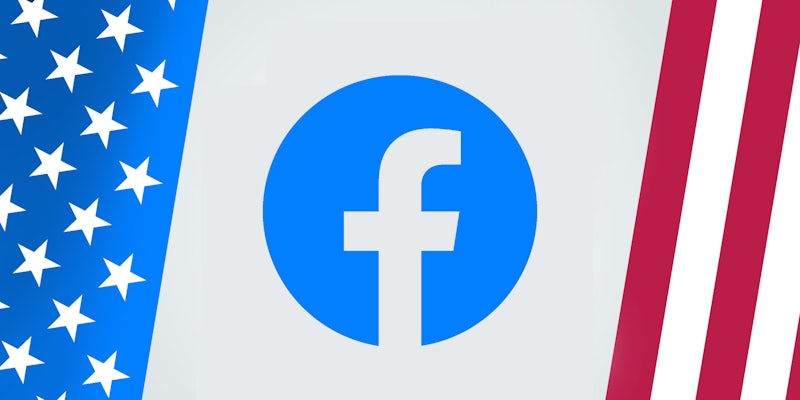 Facebook logo centered on white background blue banner with white stars left red and white stripes banner right