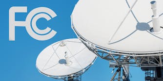 FCC logo to the left of two satellite communication dishes with blue sky behind
