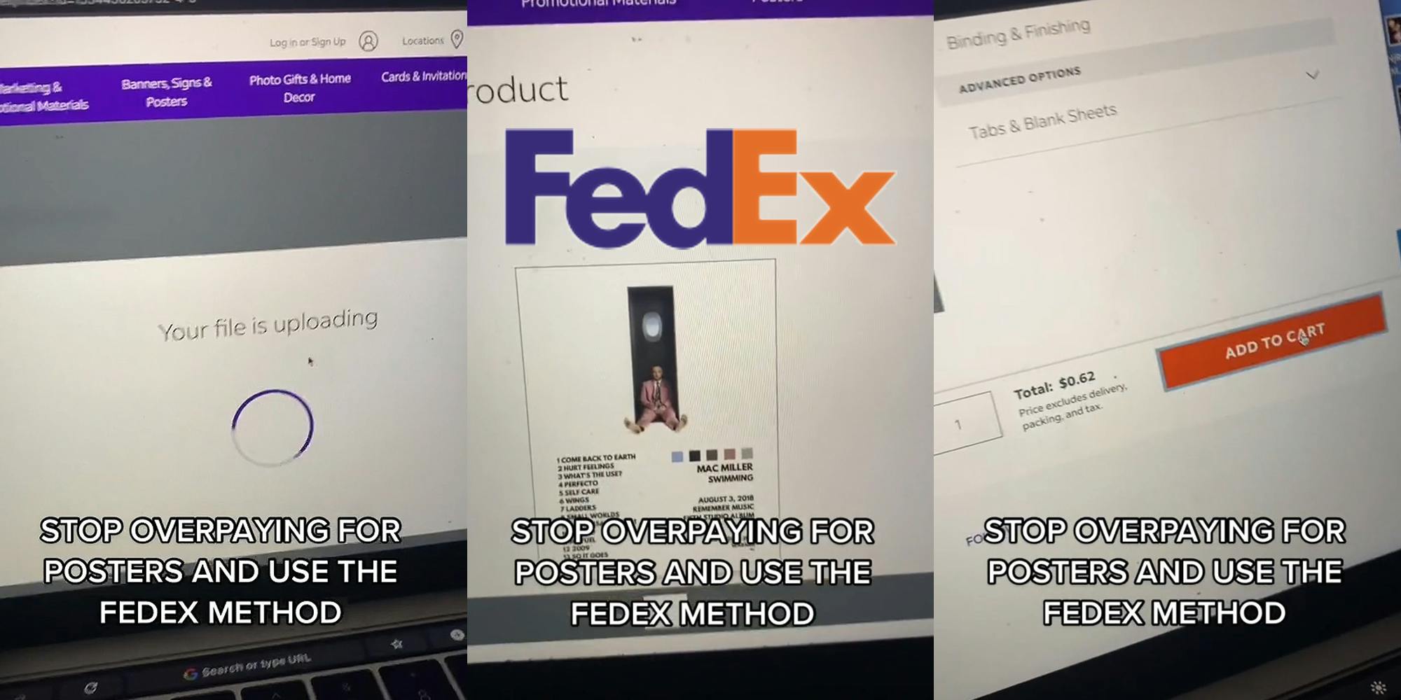 laptop on FedEx website "Your file is uploading" caption " STOP OVERPAYING FOR POSTERS AND USE THE REDEX METHOD" (l) laptop on FedEx website with poster and "FedEx" logo caption " STOP OVERPAYING FOR POSTERS AND USE THE REDEX METHOD" (c) laptop on FedEx website " Total $0.62 ADD TO CART "caption " STOP OVERPAYING FOR POSTERS AND USE THE REDEX METHOD" (r)