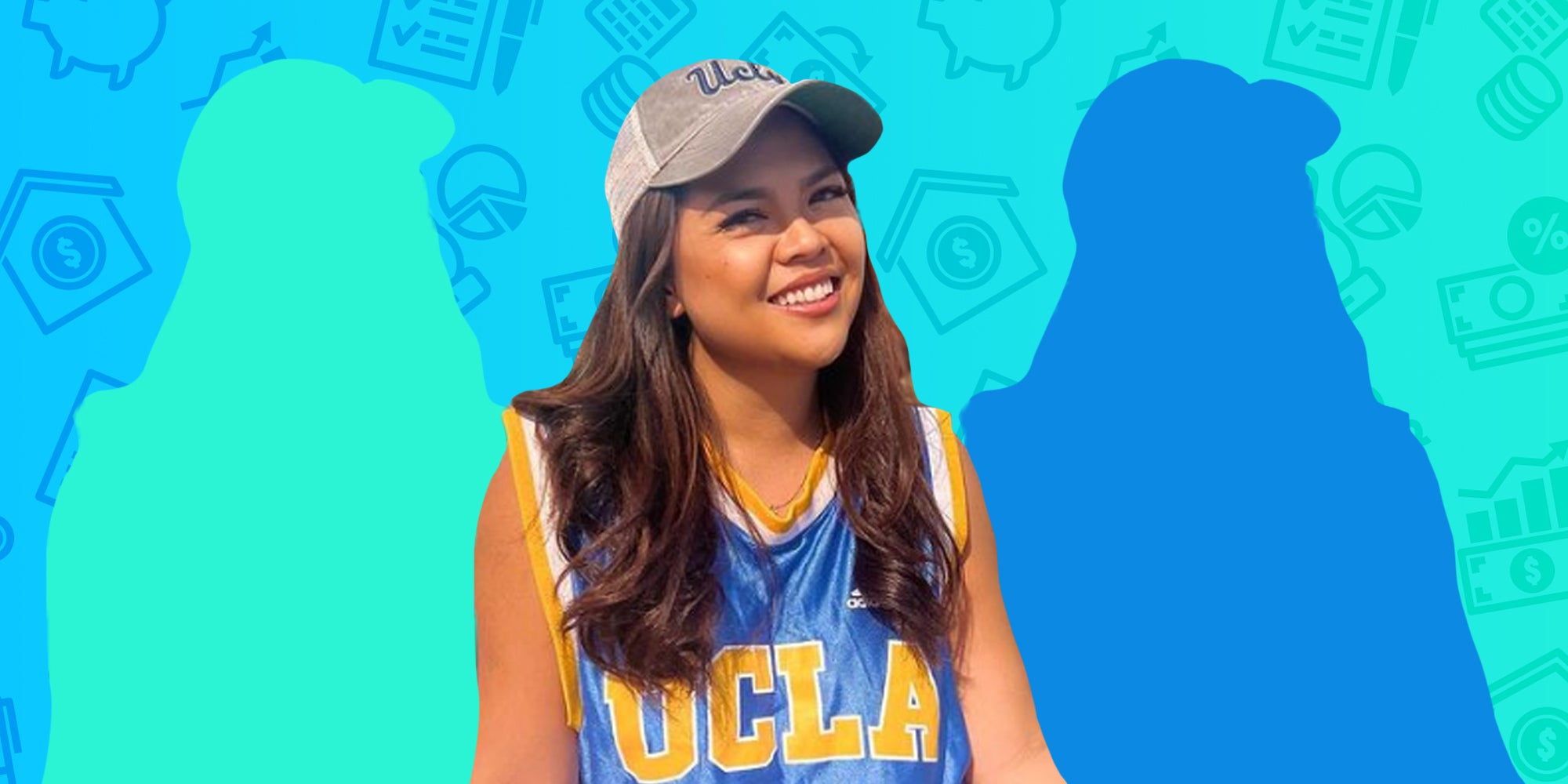 Lissa Prudencio on blue green gradient background with financial concepts Passionfruit Remix