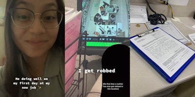 young woman with caption 'Me doing well on my first day at my new job' (l) surveillance footage of cashier handing money to man with caption 'I get robbed (the first time a cashier has ever got robbed in this location)' (c) police report on blue clipboard (r)