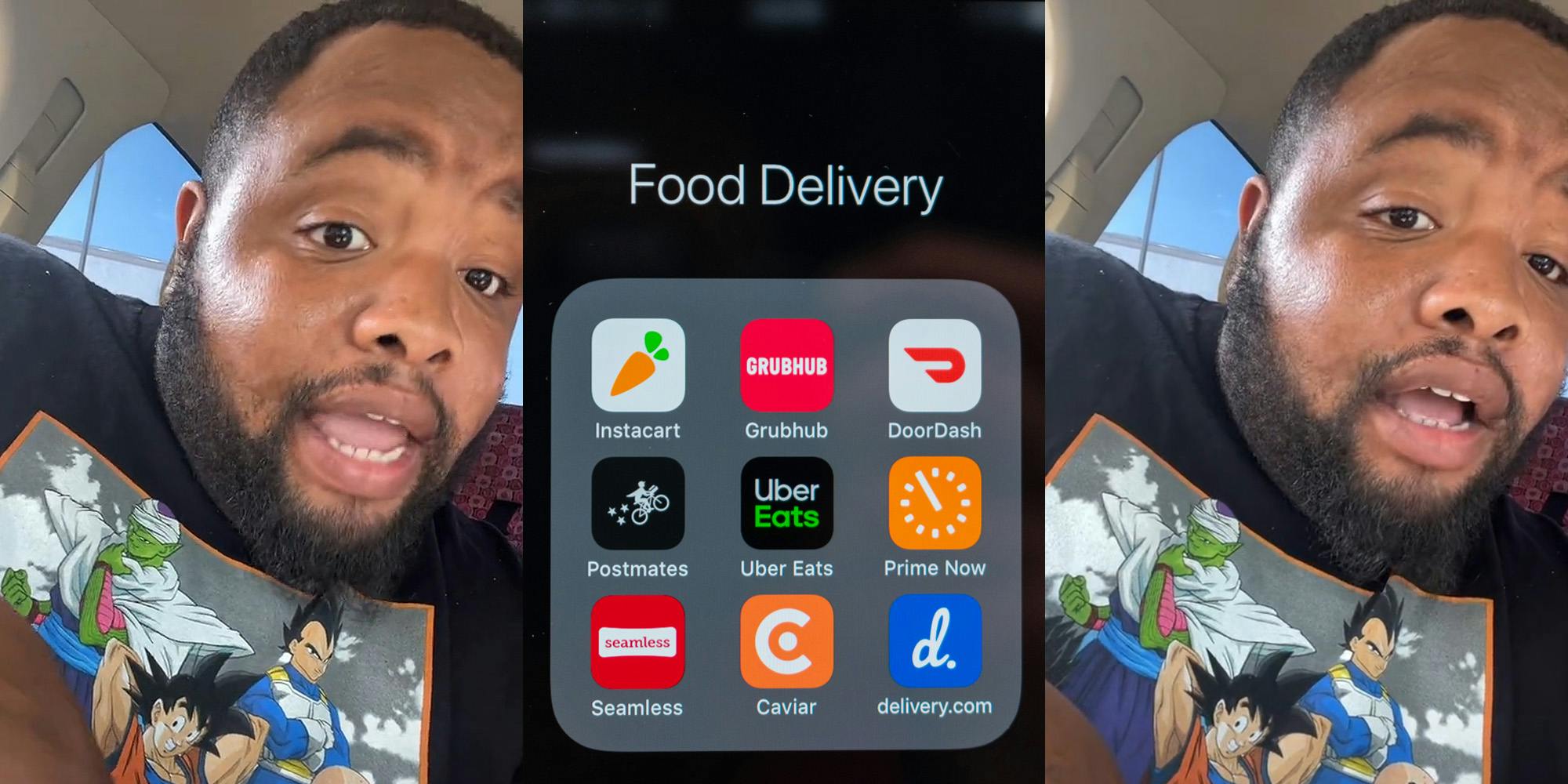 man speaking in car (l) iPhone apps "Food Delivery" (Instacart, Grubhub, DoorDash, Postmates, UberEats, etc) (c) Man speaking in car (r)